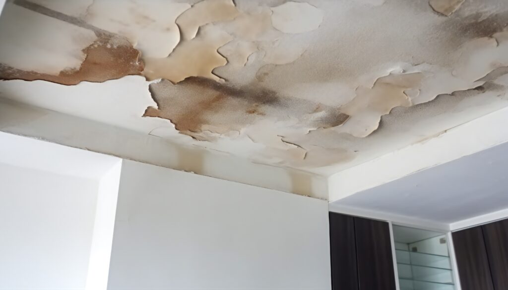 Dégât d’eau et moisissure sur un plafond endommagé